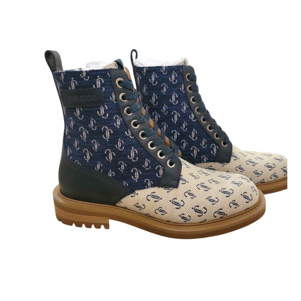 Jimmy Choo Mens Ankle Lace Up Boots 7.5 40.5 Navy Blue Turing Logo Monogram